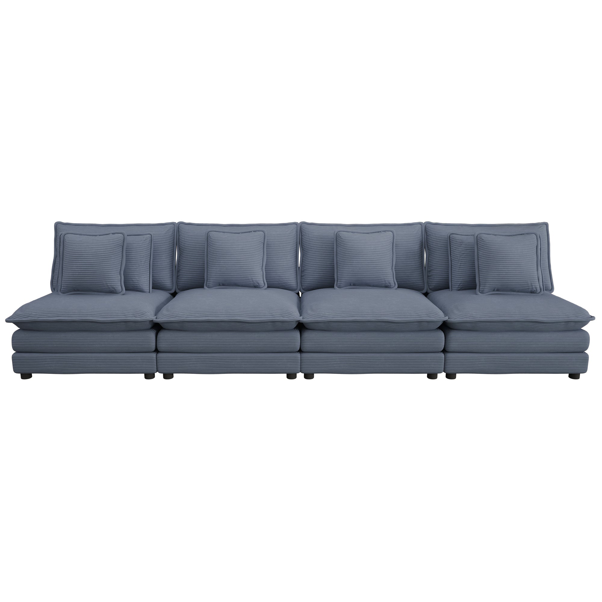 Blue corduroy modular sofa with four seats and removable pillows, ideal for modern living room setups. Features plush cushions and sleek design.