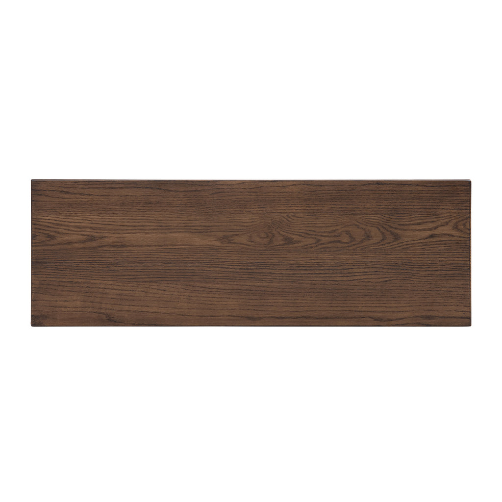 Top-down view of Capri red oak wood bench showing rich dark brown grain. Compact 41.5-inch bench ideal for narrow spaces.
