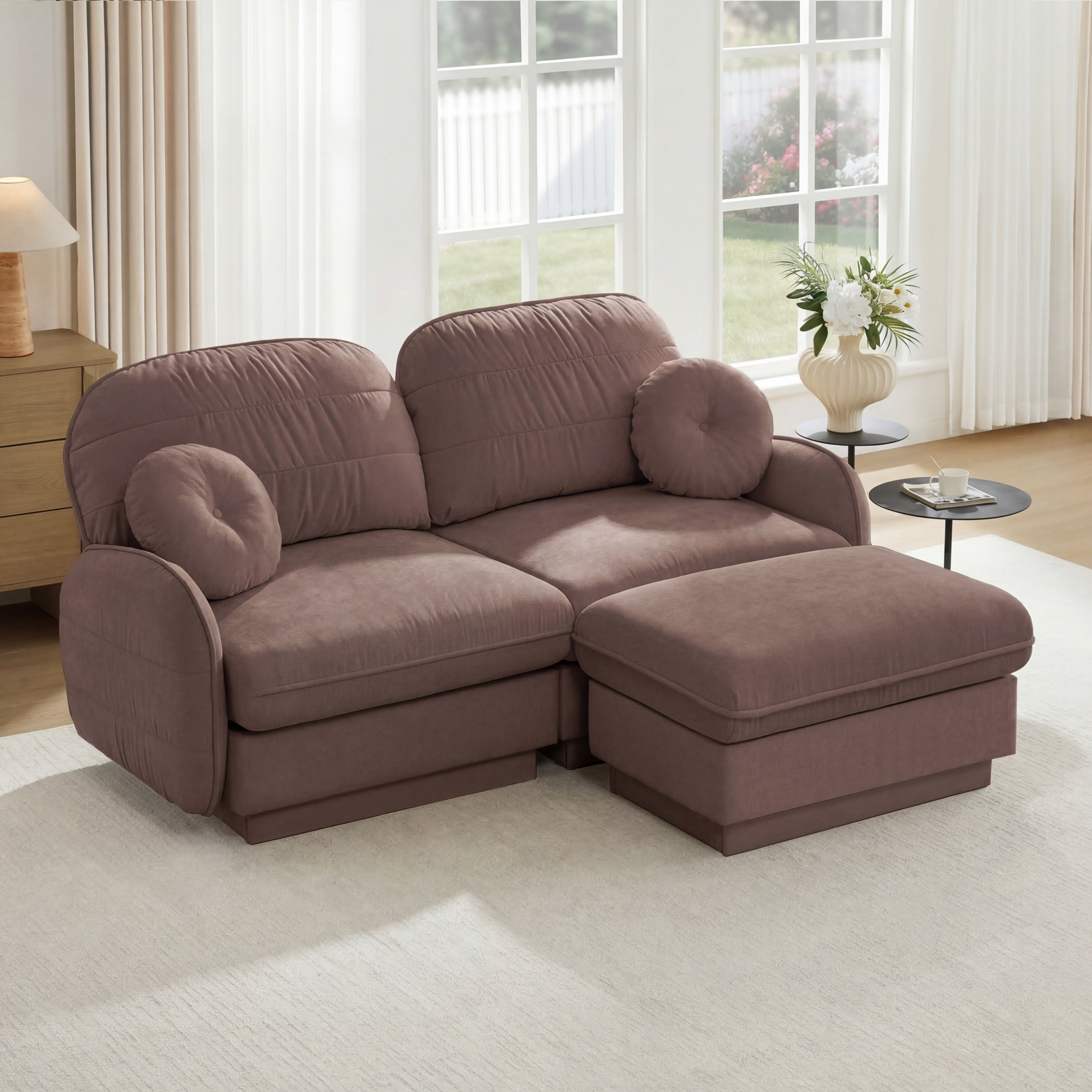 Rose Dust Chenille L-Shaped Loveseat with Movable Ottoman