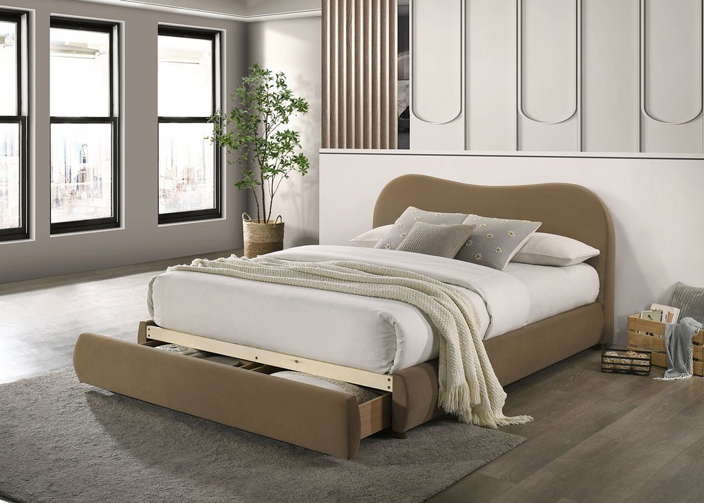 Modern queen bed frame with curved headboard and pull-out drawer storage. Upholstered wood design fits stylish bedroom interiors.