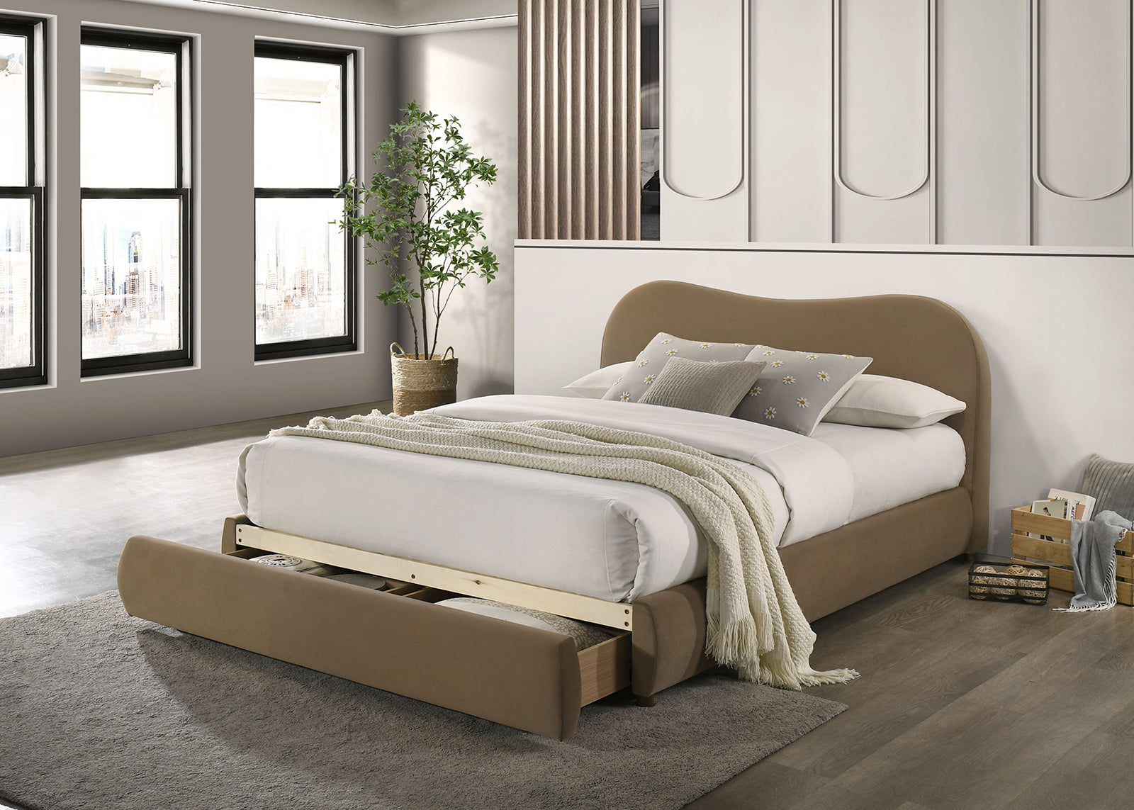 Modern queen bed frame with curved headboard and pull-out drawer storage. Upholstered wood design fits stylish bedroom interiors.