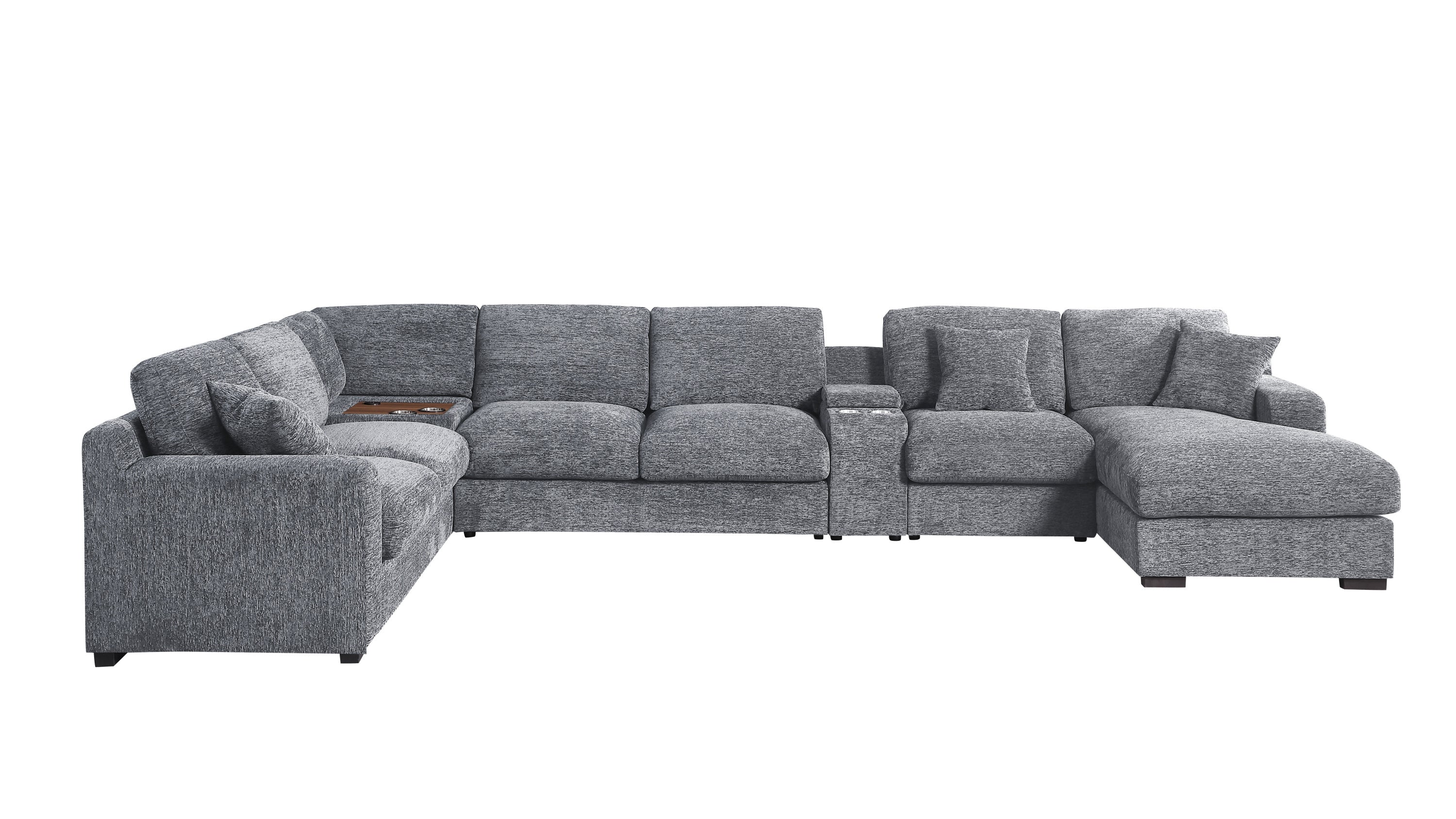 Front view of light gray corner sectional sofa with chaise, cupholders, and USB charging ports, perfect for modern living spaces.