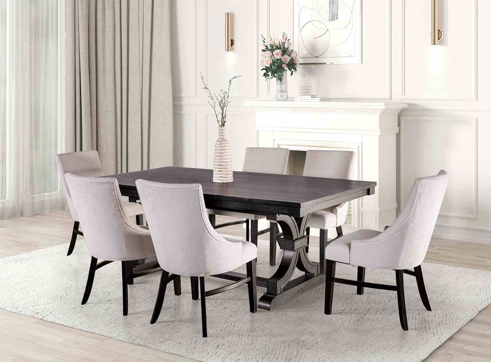 Dining room setup with six transitional arm chairs in beige fabric and black legs around a dark wood table, elegant interior design.