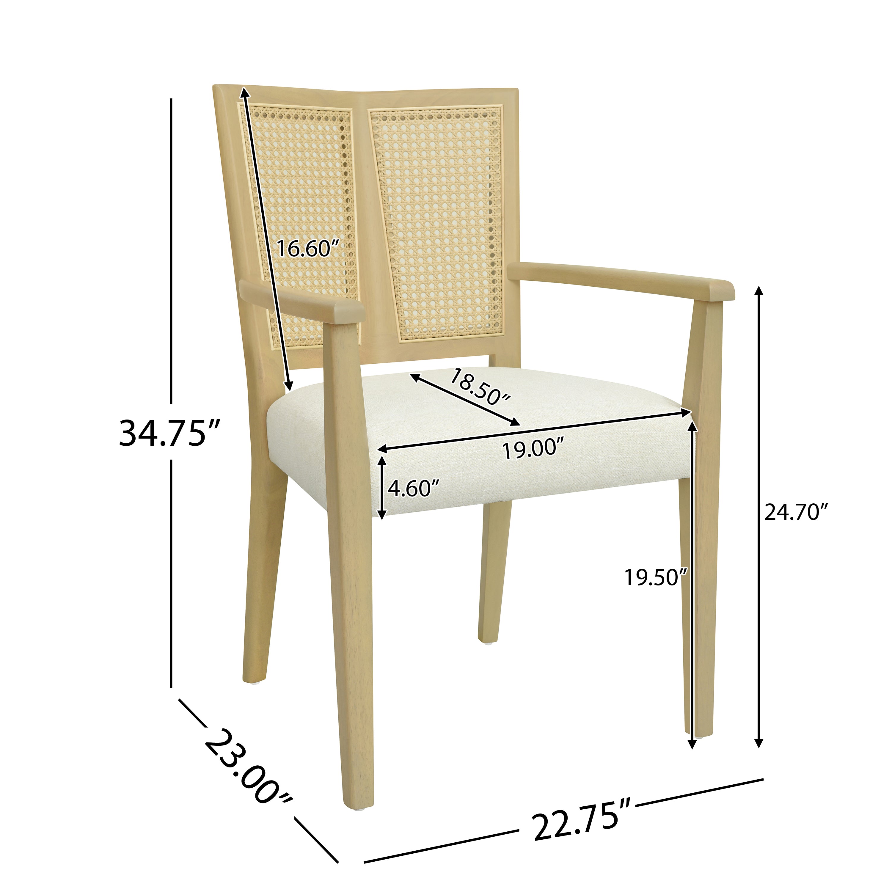 Detailed dimensions of modern dining chair with rattan back, showing seat height, width, and armrest measurements for accurate fit.