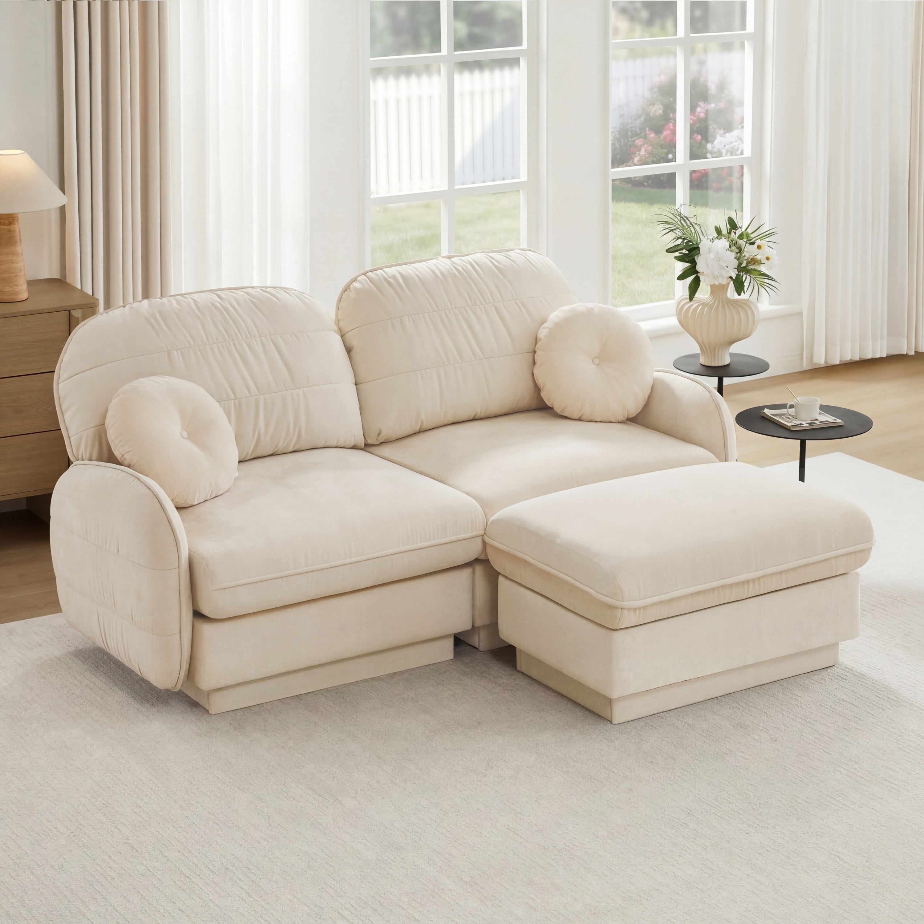 Cream Beige Chenille L-Shaped Loveseat with Movable Ottoman