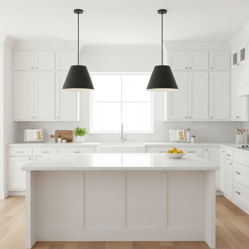 Pair of 16 inch LED black pendant lights over a white kitchen island. Energy-saving ceiling fixtures for contemporary homes.