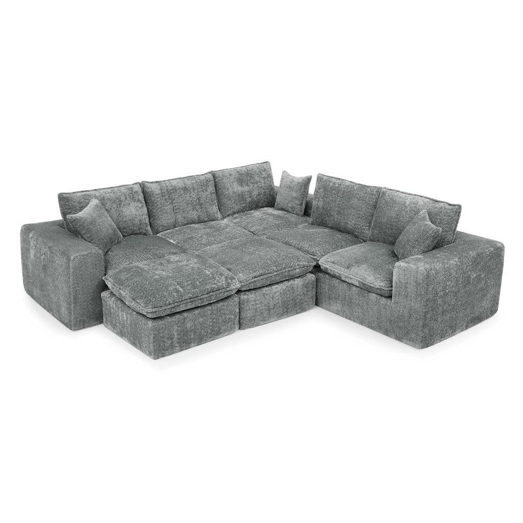 L-shaped Boucle Sectional Sofa with Moveable Ottomans.