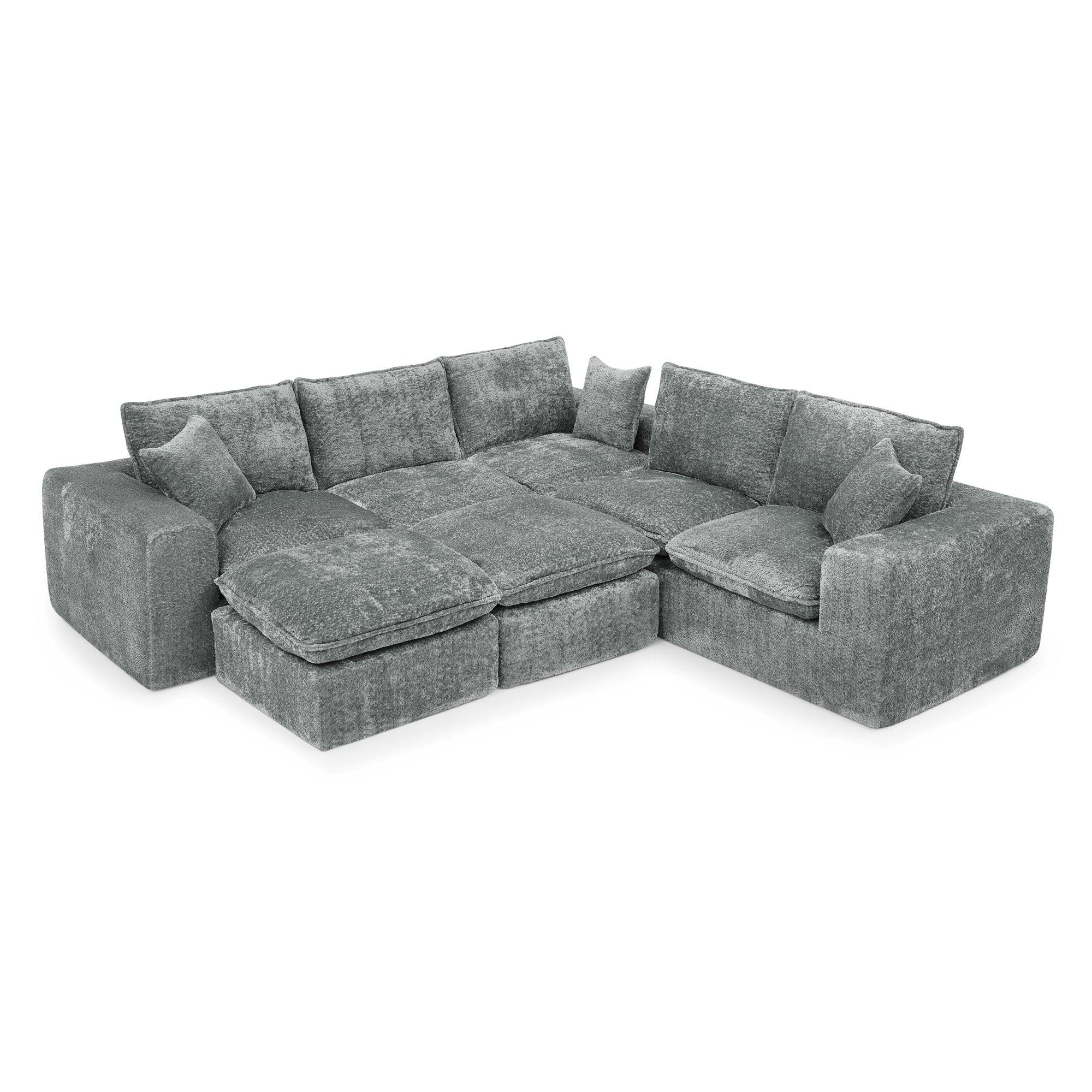L-shaped Boucle Sectional Sofa with Moveable Ottomans.