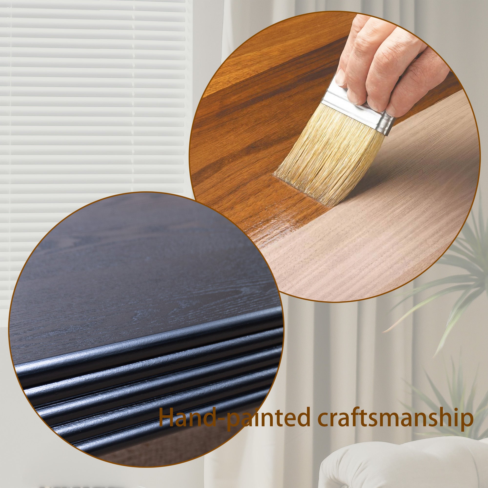 Hand-painted craftsmanship process shown for the 47.6 modern black ribbed coffee table, emphasizing artisanal wood finishing.