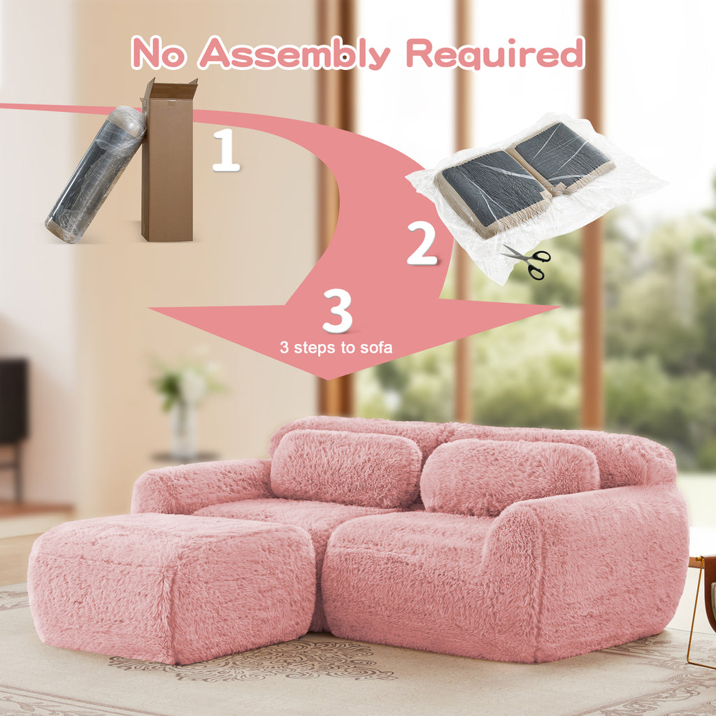 No assembly required pink modular sofa chaise shown in 3 easy setup steps. Delivered compressed for convenience.