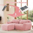 No assembly required pink modular sofa chaise shown in 3 easy setup steps. Delivered compressed for convenience.
