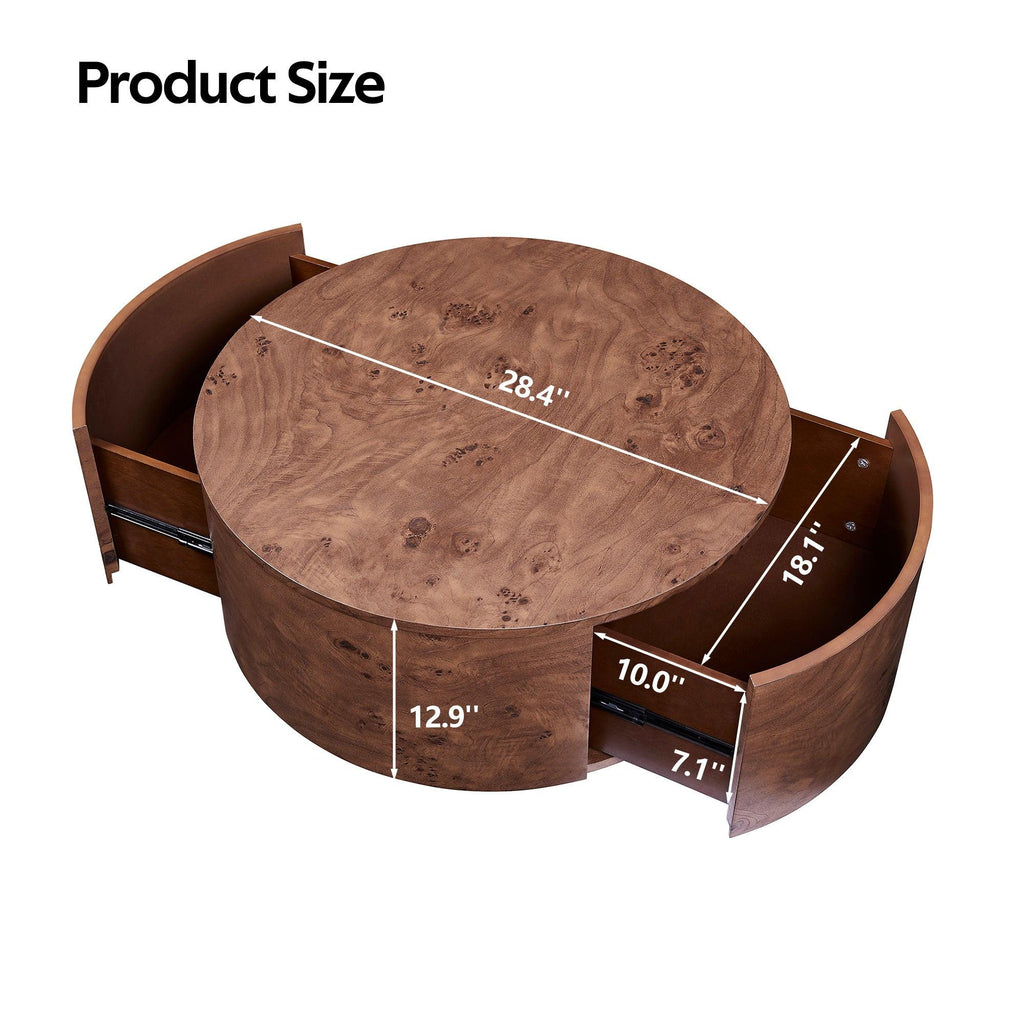 Burl Wood Coffee Table with Drawers - 360° Rotating Top.