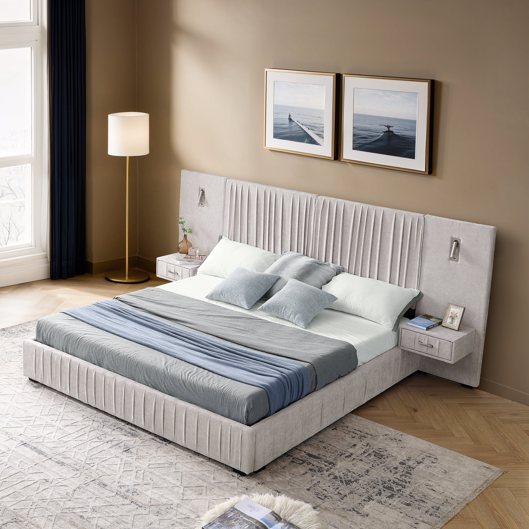 Stylish queen upholstered bed with soft pleated headboard, floating drawers, and built-in lamps, perfect for contemporary bedroom interiors.