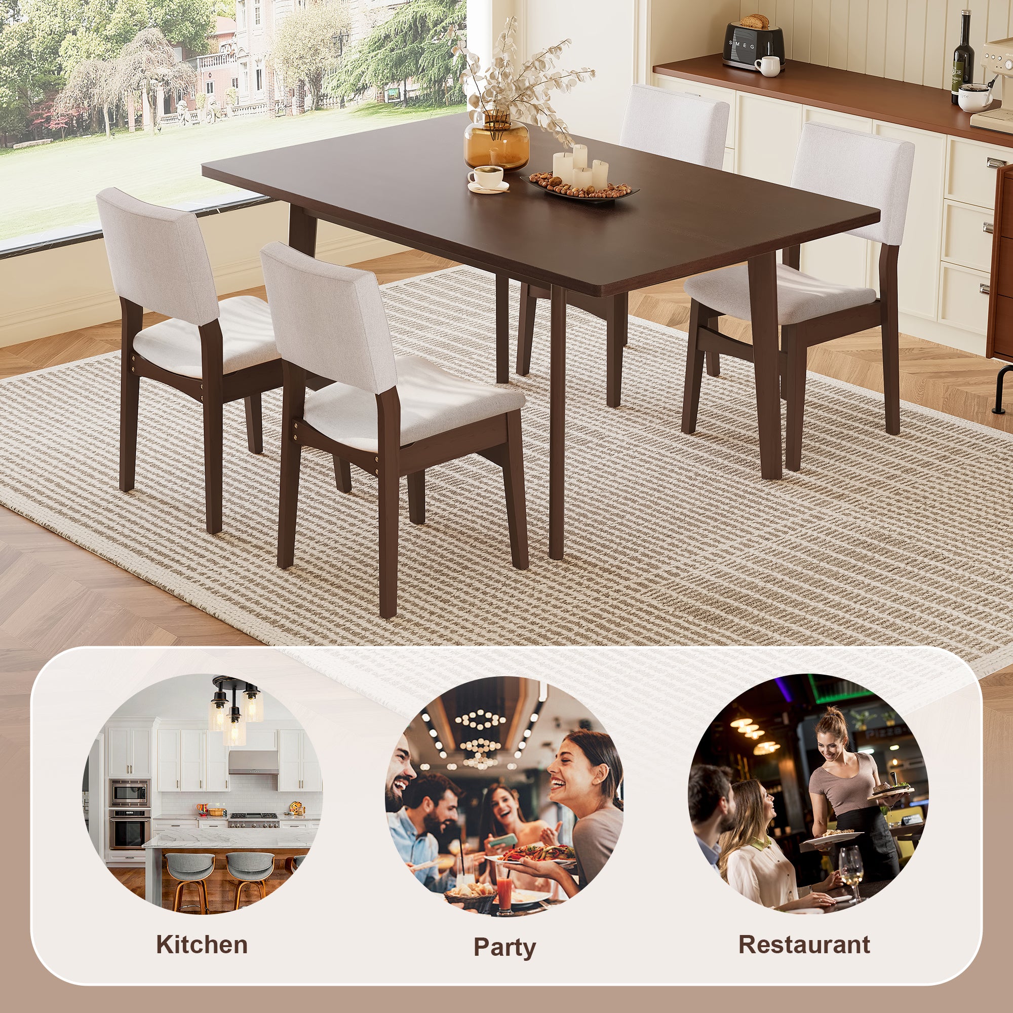 Modern wood dining set shown in kitchen, party, and restaurant settings. Versatile design for multiple uses.