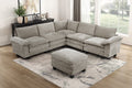 Modern gray modular sectional sofa in plush chenille fabric with a matching ottoman on a patterned area rug.