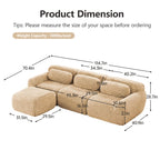 Plush fabric modular sectional sofa with ottoman and detailed product dimensions. Ergonomic, no-assembly design supports 300lbs per seat.