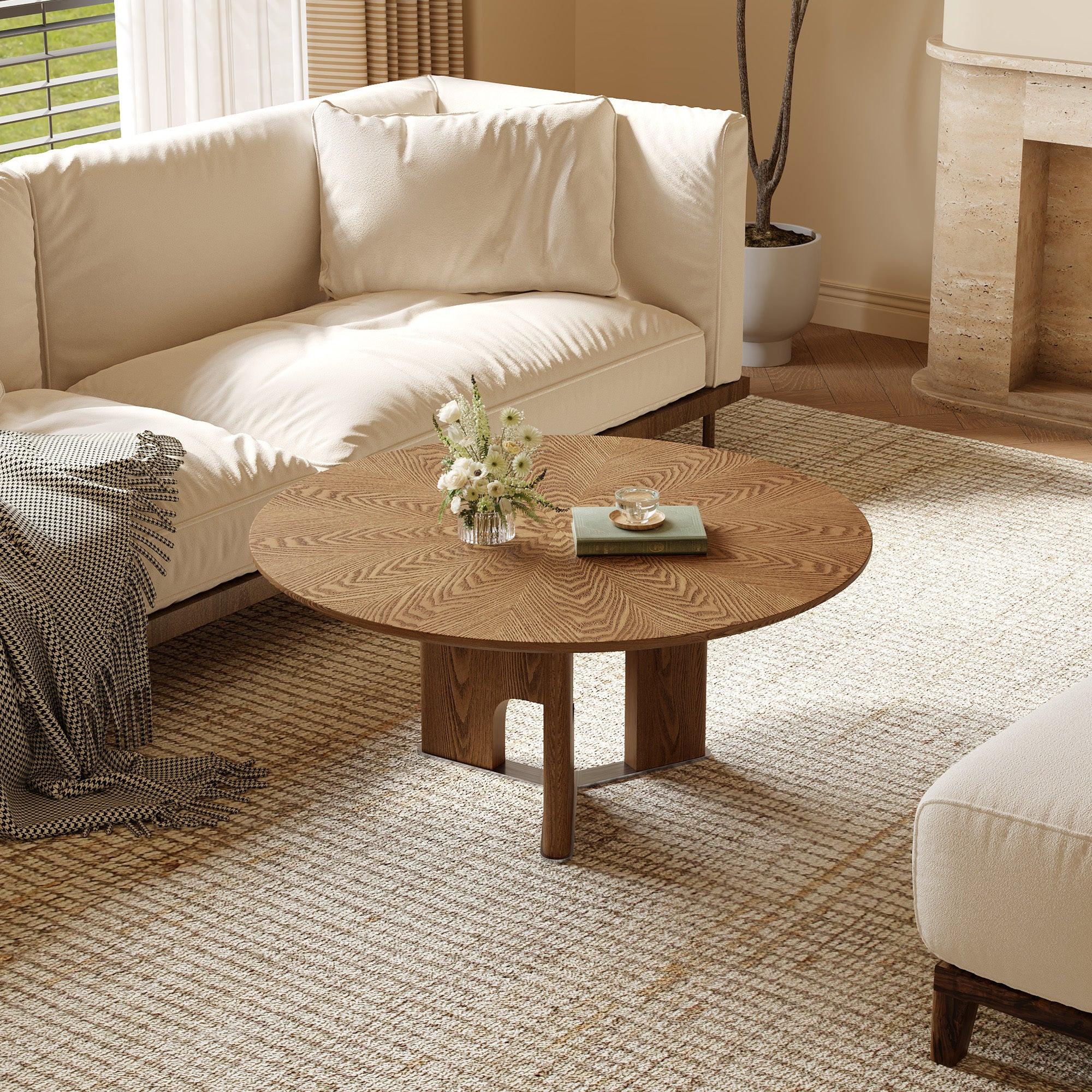 Round Rustic Ash Wood Coffee Table for Small Living Rooms.