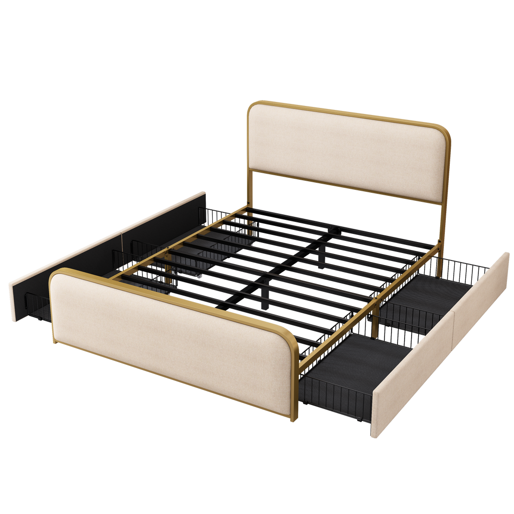 Modern Metal Bed Frame Queen Size with 4 Storage Drawers.