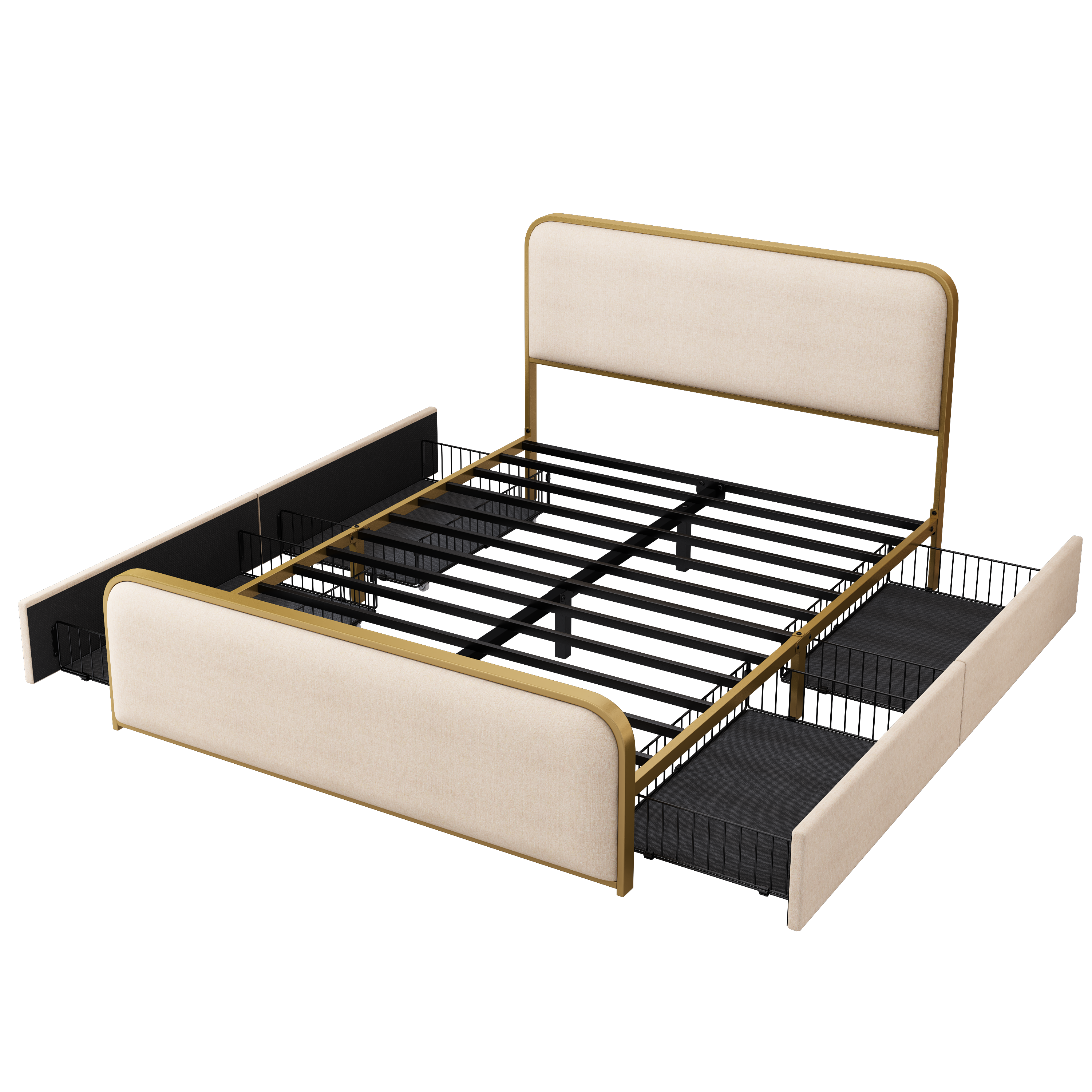 Modern Metal Bed Frame Queen Size with 4 Storage Drawers.