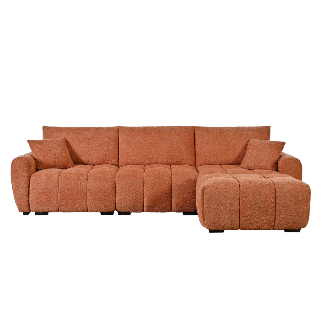 Front view of modular sectional sofa with ottoman in boucle fabric with ottoman on the right, offering a clean and symmetrical look.