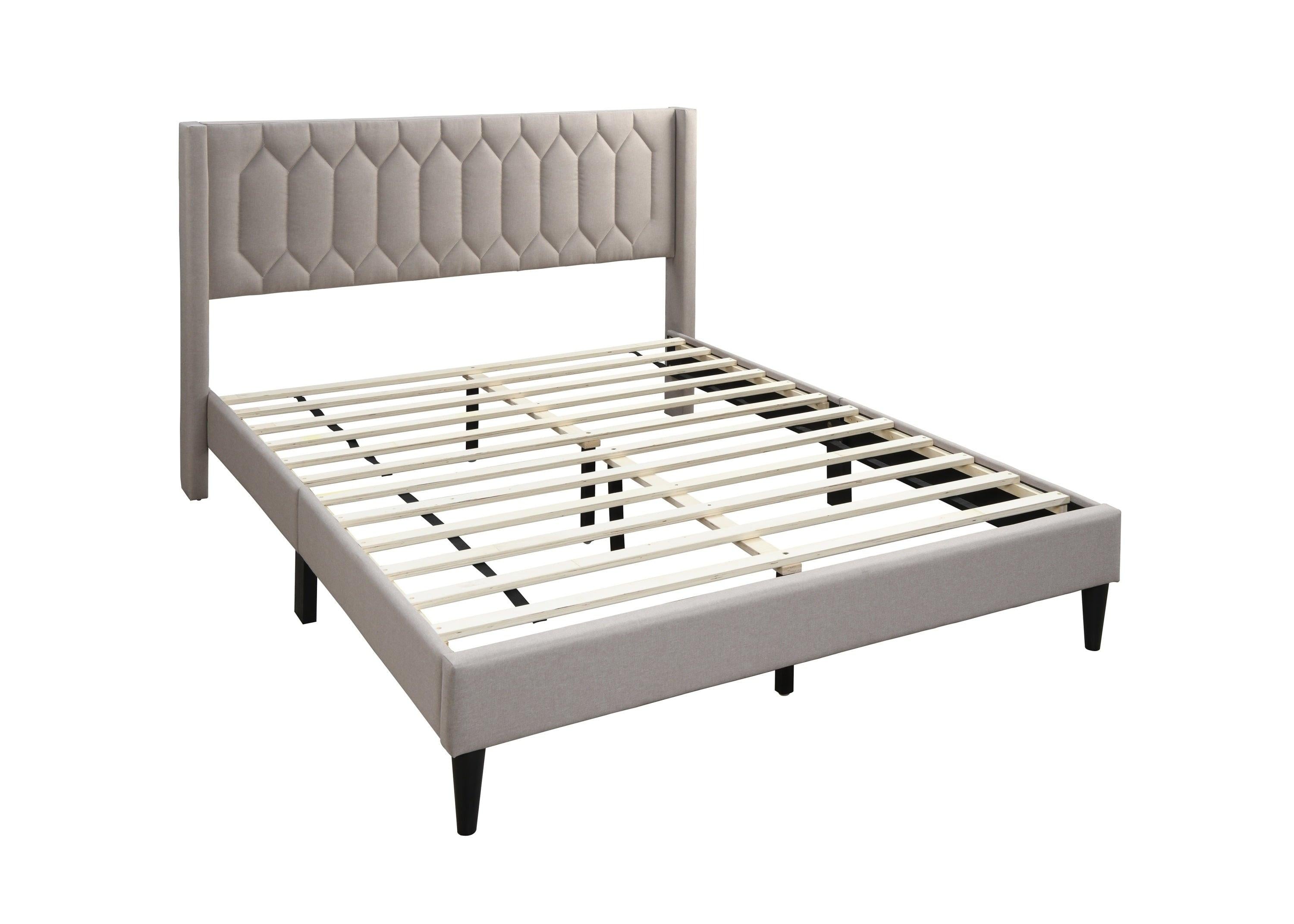 Full Size Burlap Fabric Bed Frame with Diamond Design.