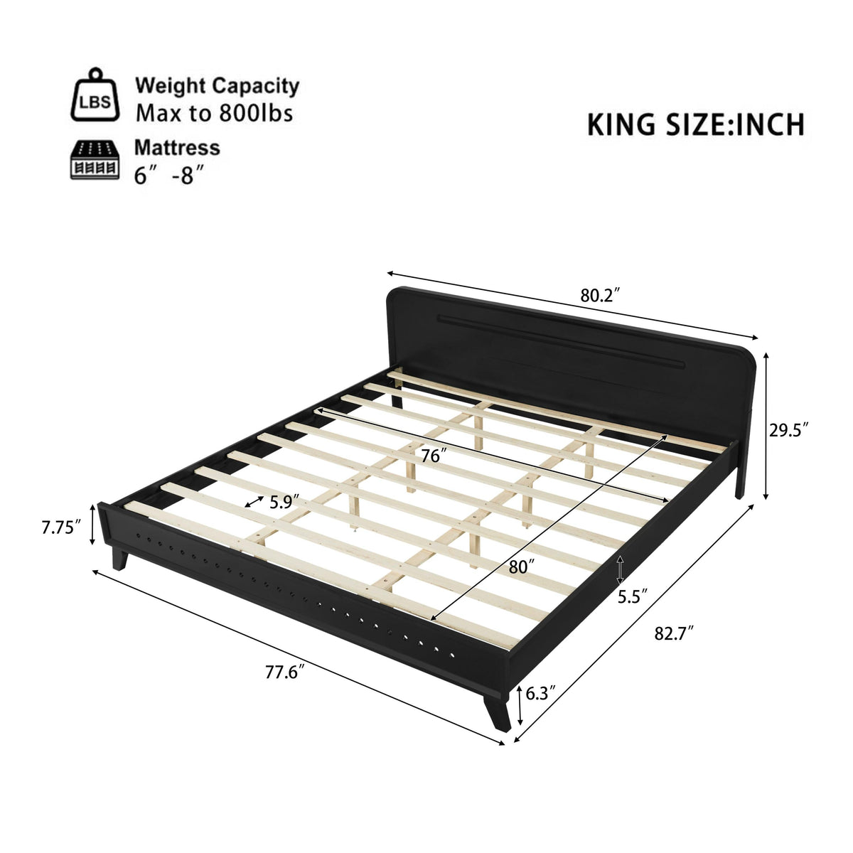 Solid Wood King Size Bed - Black Pine Design.