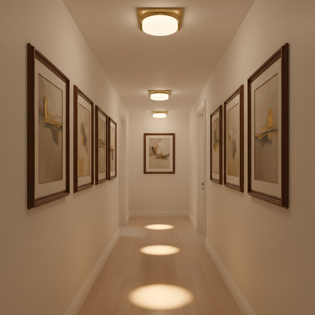 Antique Brass LED Flush Mount Light Fixtures installed in a hallway, casting warm, focused light pools beneath each fixture.