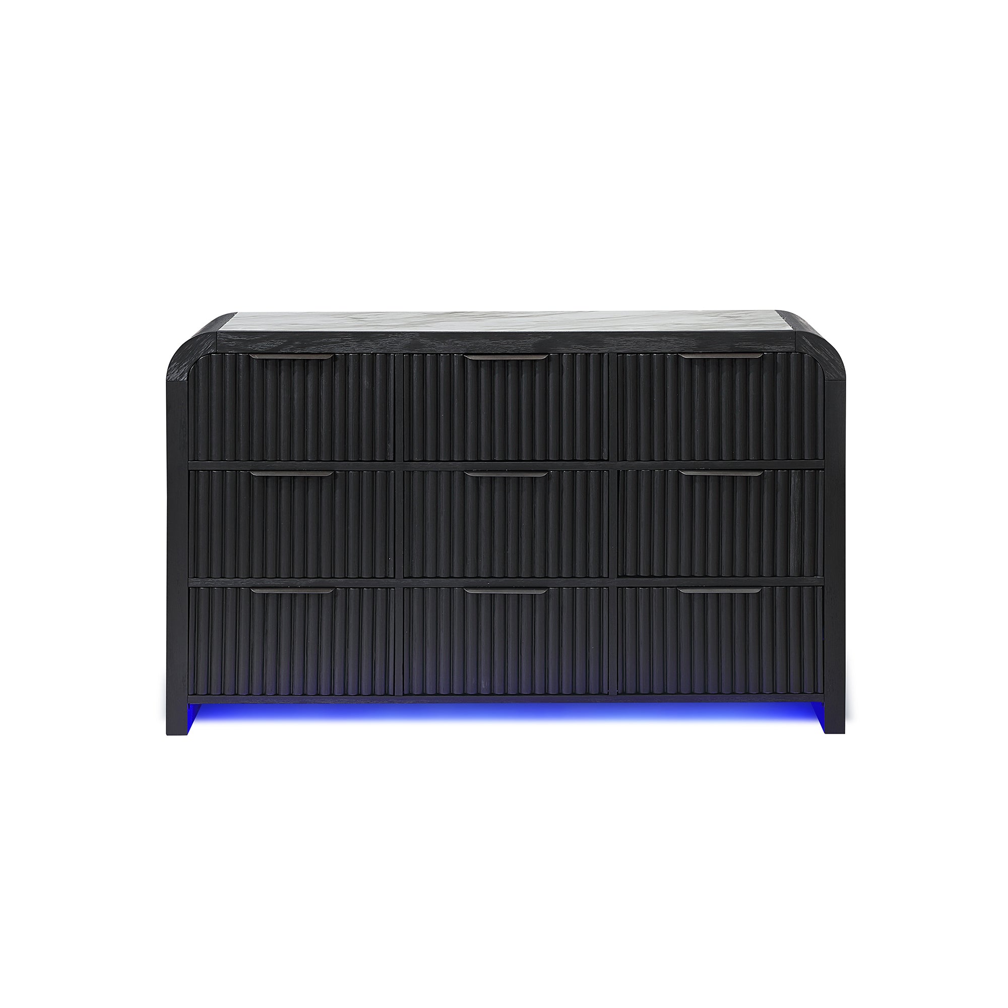 Beverly White and Black Fluted Dresser with LED Light, Spacious Drawers, Edge Pulls, Rubber Wood, 63.25in L x 18in W x 38in H