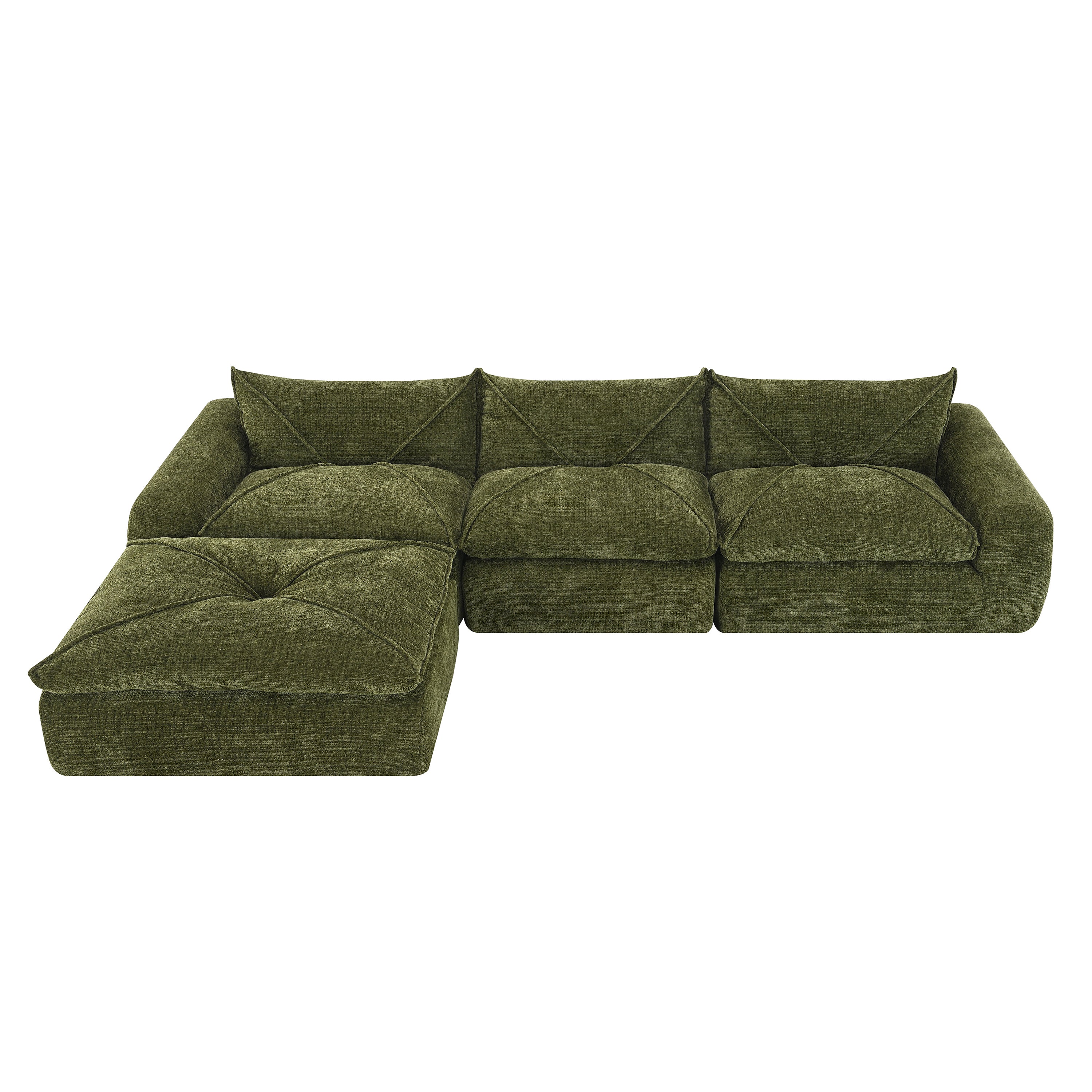 Top-down view of 116'' compressed sofa with high density foam in L-shape layout, showcasing its modular and spacious design.