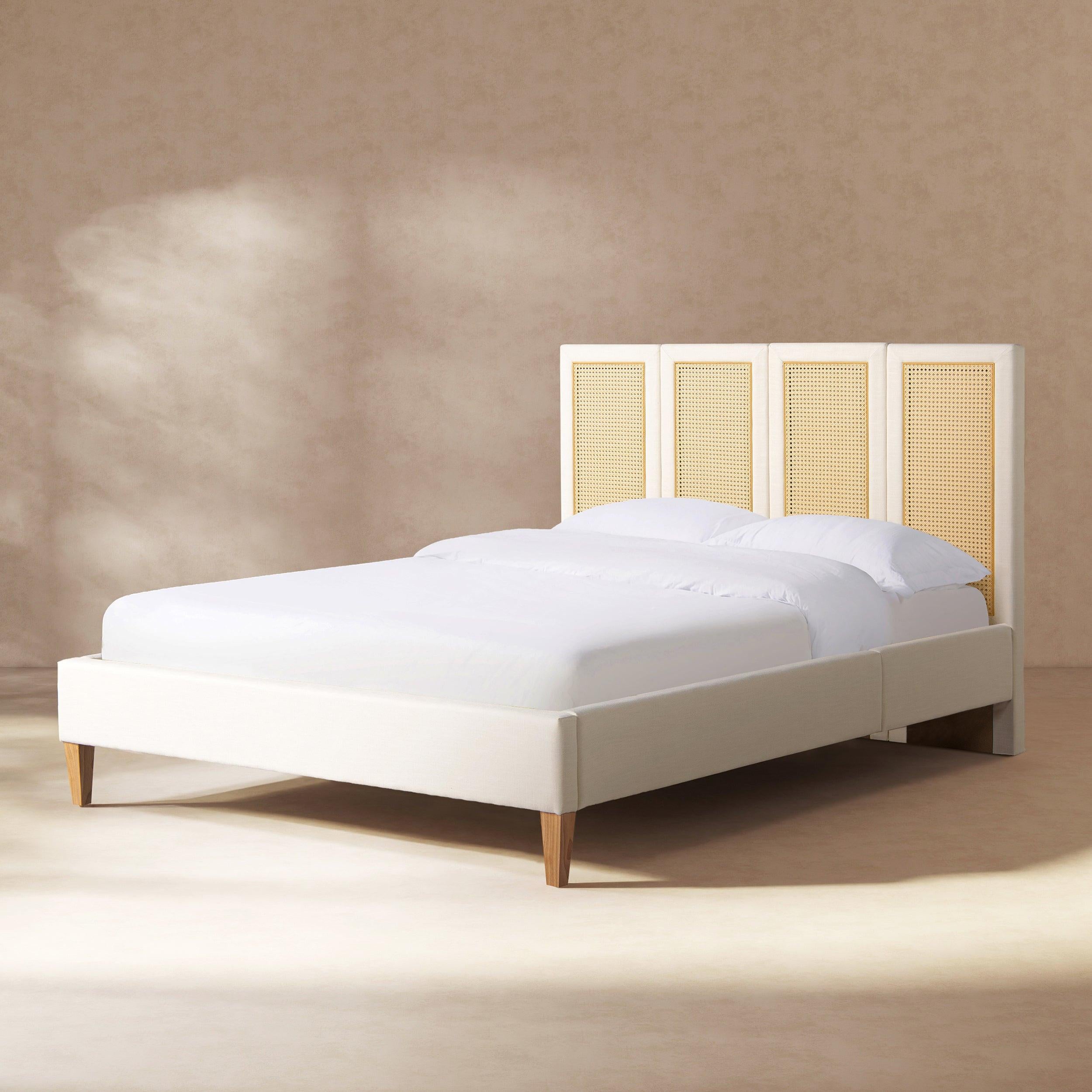 Upholstered Cane Bed Queen - Antique White Platform Bed.