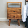Solid Wood Mini Oak-ish Classic Nightstand, 2-Drawers, 1 Open Slot, Nordic Legs, Light Brown