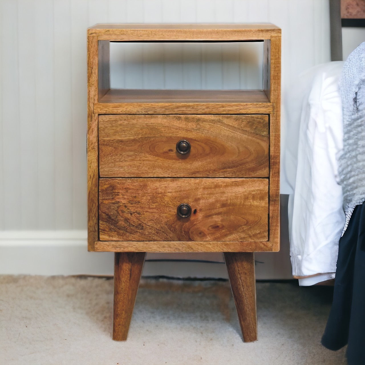 Solid Wood Mini Oak-ish Classic Nightstand, 2-Drawers, 1 Open Slot, Nordic Legs, Light Brown