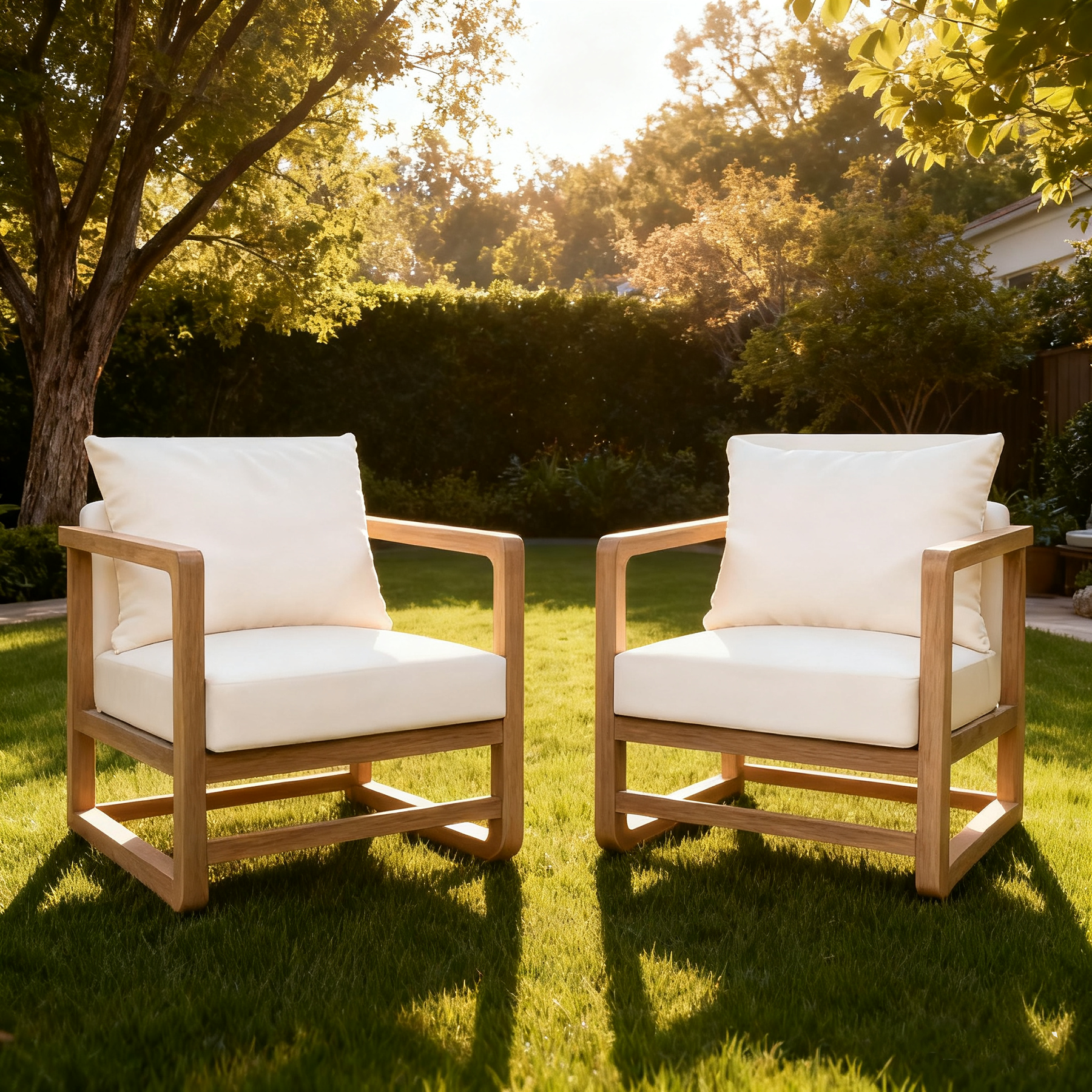 Outdoor Acacia Wood Lounge Chair with Oversized Cushion Set.