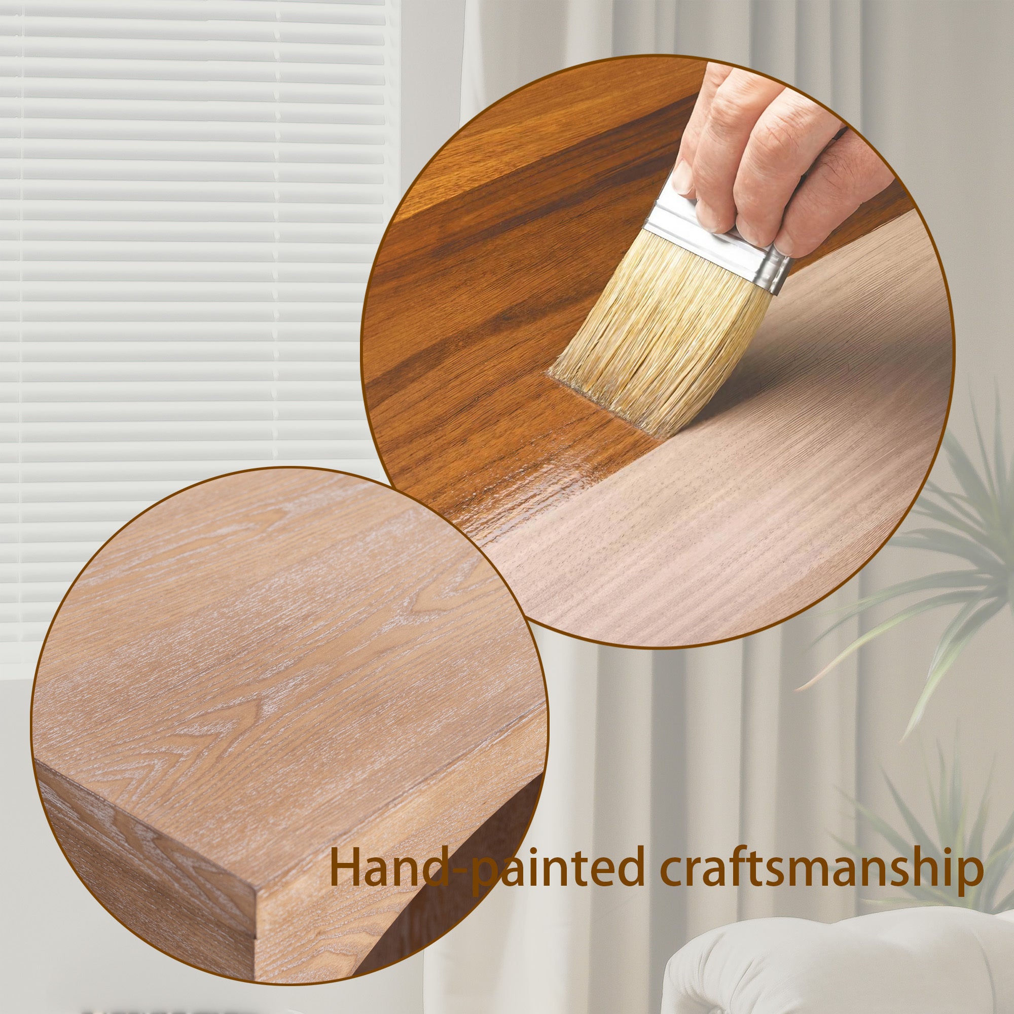 Hand-painted craftsmanship of the Rustic Archway Console Table, highlighting the artisanal wood finish process.