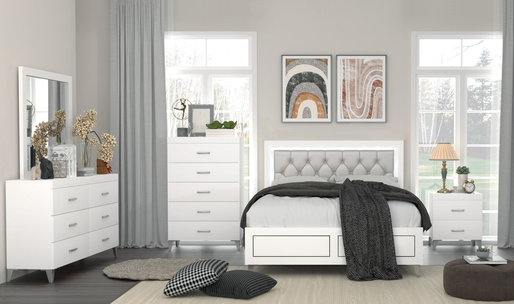 Modern bedroom setup featuring a white 6-drawer dresser, matching furniture, and elegant decor for a cohesive look.