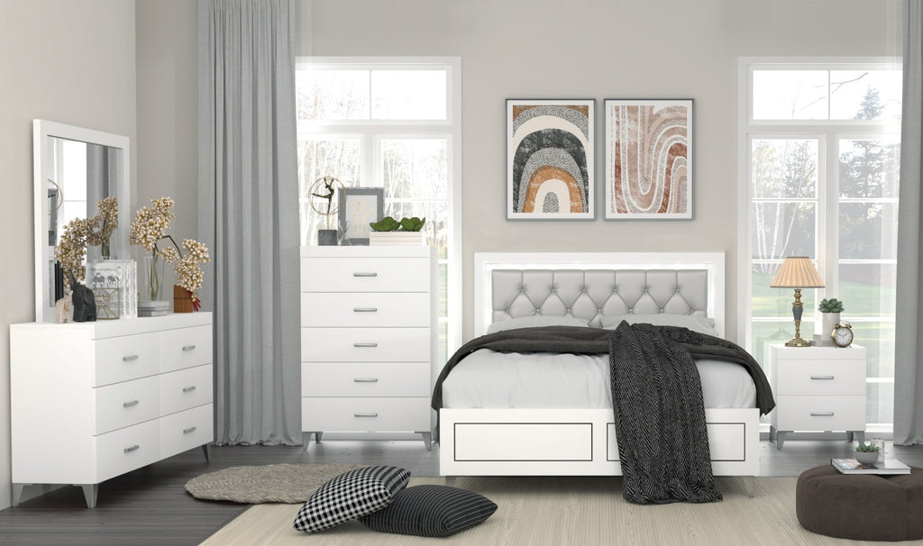 Complete bedroom set with queen platform bed with LED headboard, matching white dressers and decor in a contemporary interior.