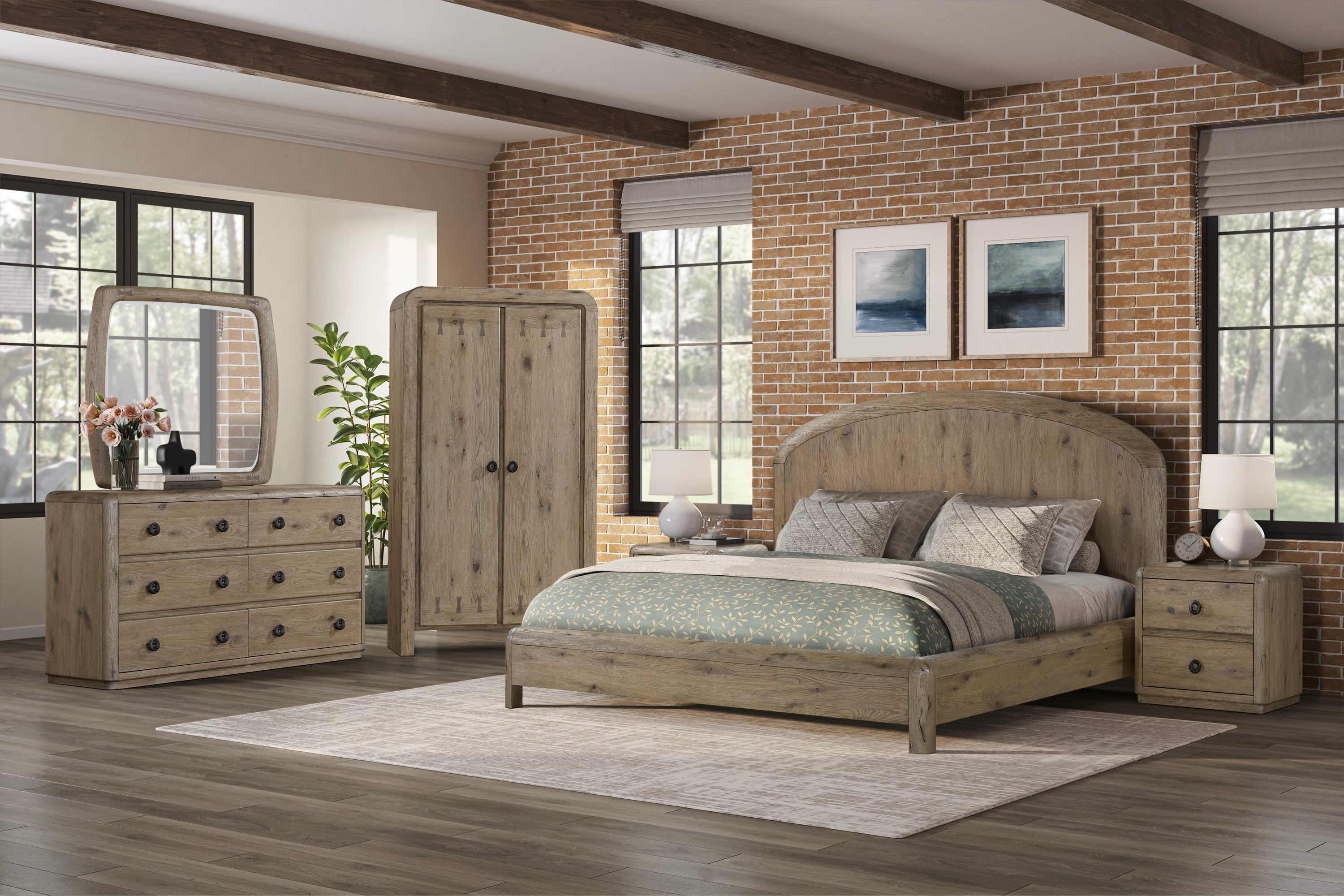 English Knotty Oak Dresser in a rustic bedroom set with matching bed, wardrobe, and nightstand, showcasing cohesive solid wood design.
