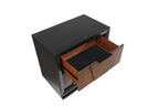 Top view of walnut nightstand with one drawer open, revealing interior storage space and sleek black and wood finish.