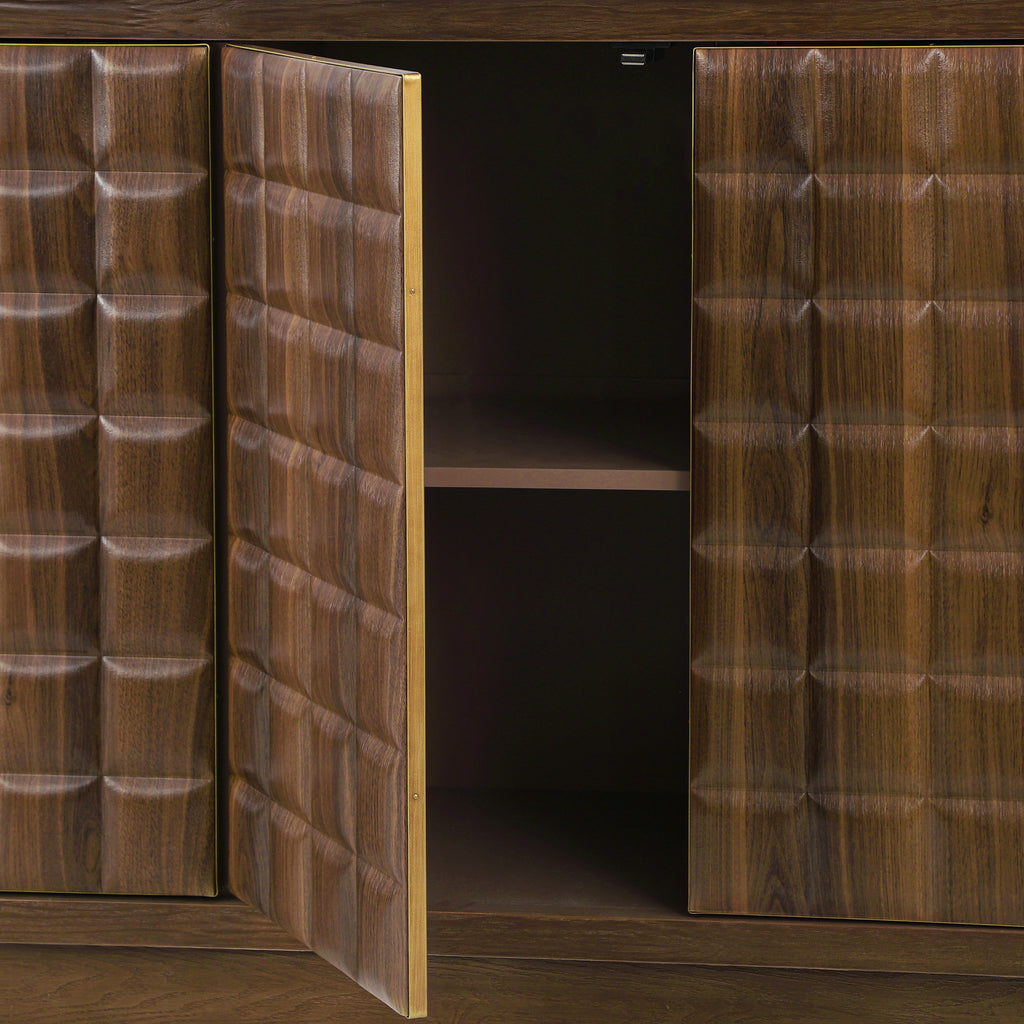 Close-up of open geometric doors on 4-door storage cabinet, highlighting textured wood pattern and metal trim accents.