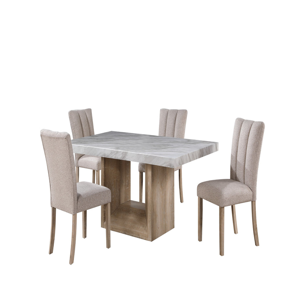 5PC Dining Table Set - Faux Marble - Modern Dining featuring a rectangular faux marble top and four beige upholstered chairs with wood legs.