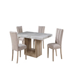 5PC Dining Table Set - Faux Marble - Modern Dining featuring a rectangular faux marble top and four beige upholstered chairs with wood legs.