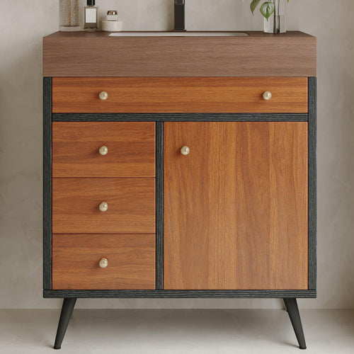 Mid-Century Modern Bathroom Vanity with Ceramic Sink.