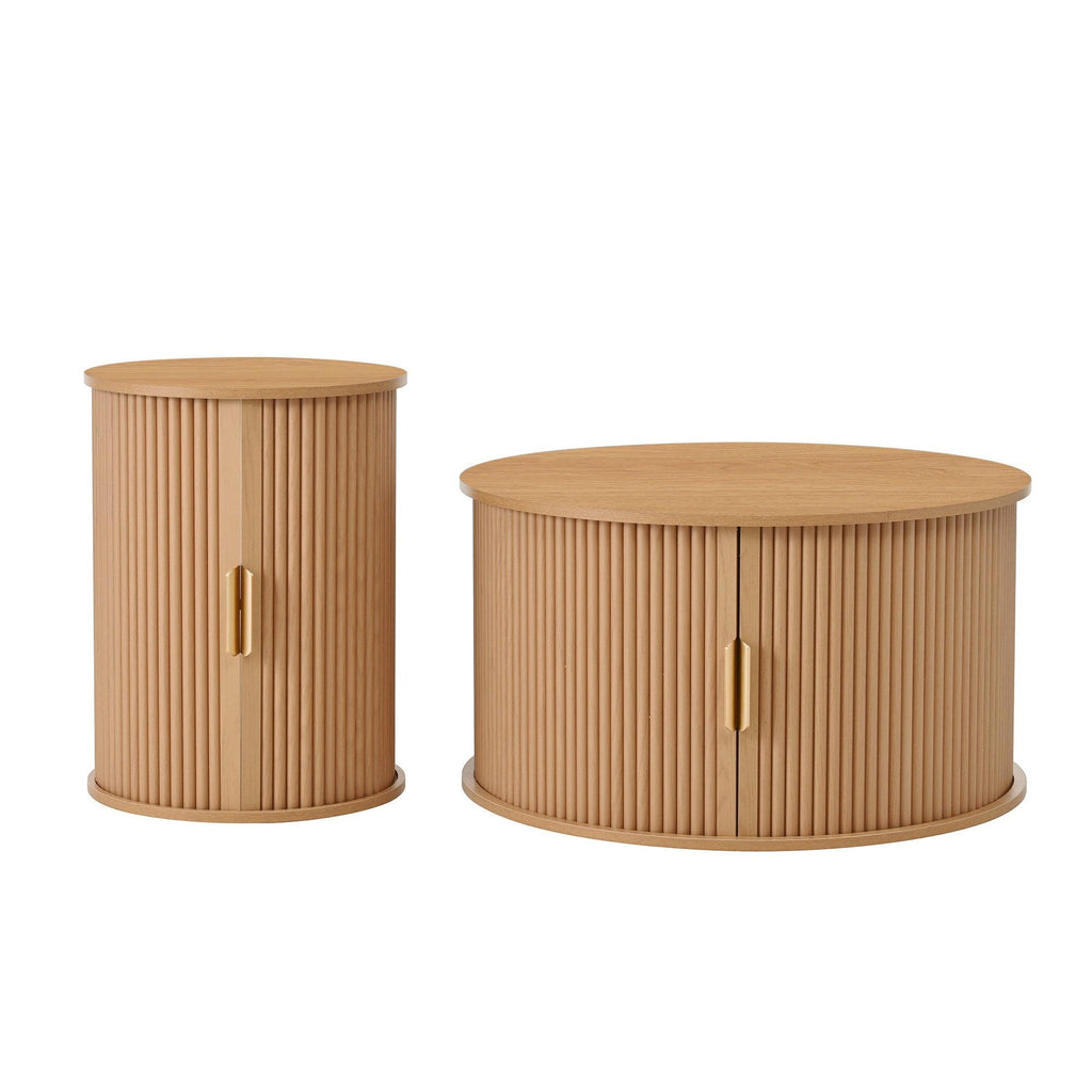 [Assembly Video]Mid-Century Coffee Table Set with Sliding Tambour Door, Round Fluted End Table With Storage, Golden Handle Tall & Low Side Table with Wooden Finish for Living Room, Set of Two ,Natural.