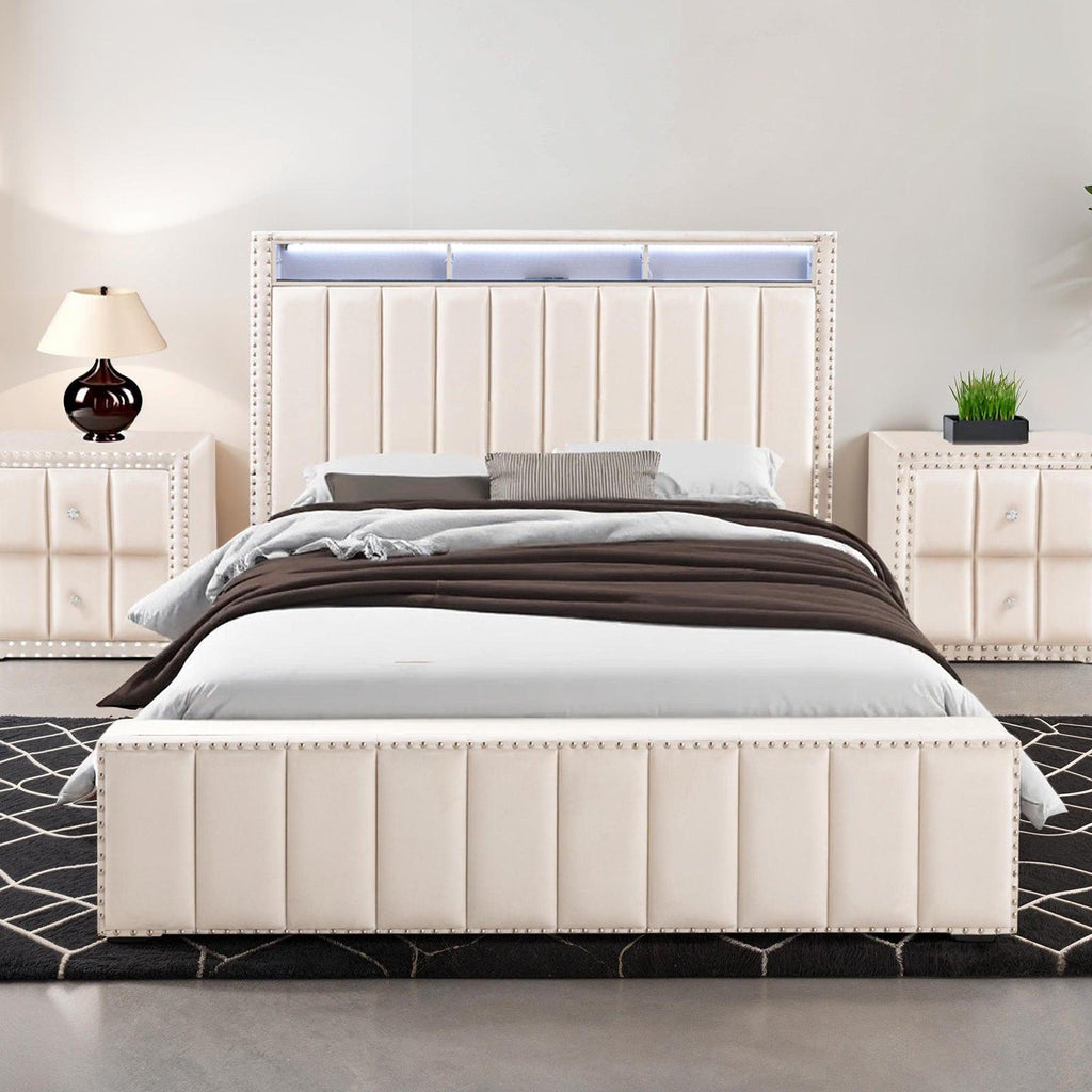 Queen Size Bed Set with Nightstands - Contemporary Beige Furniture.
