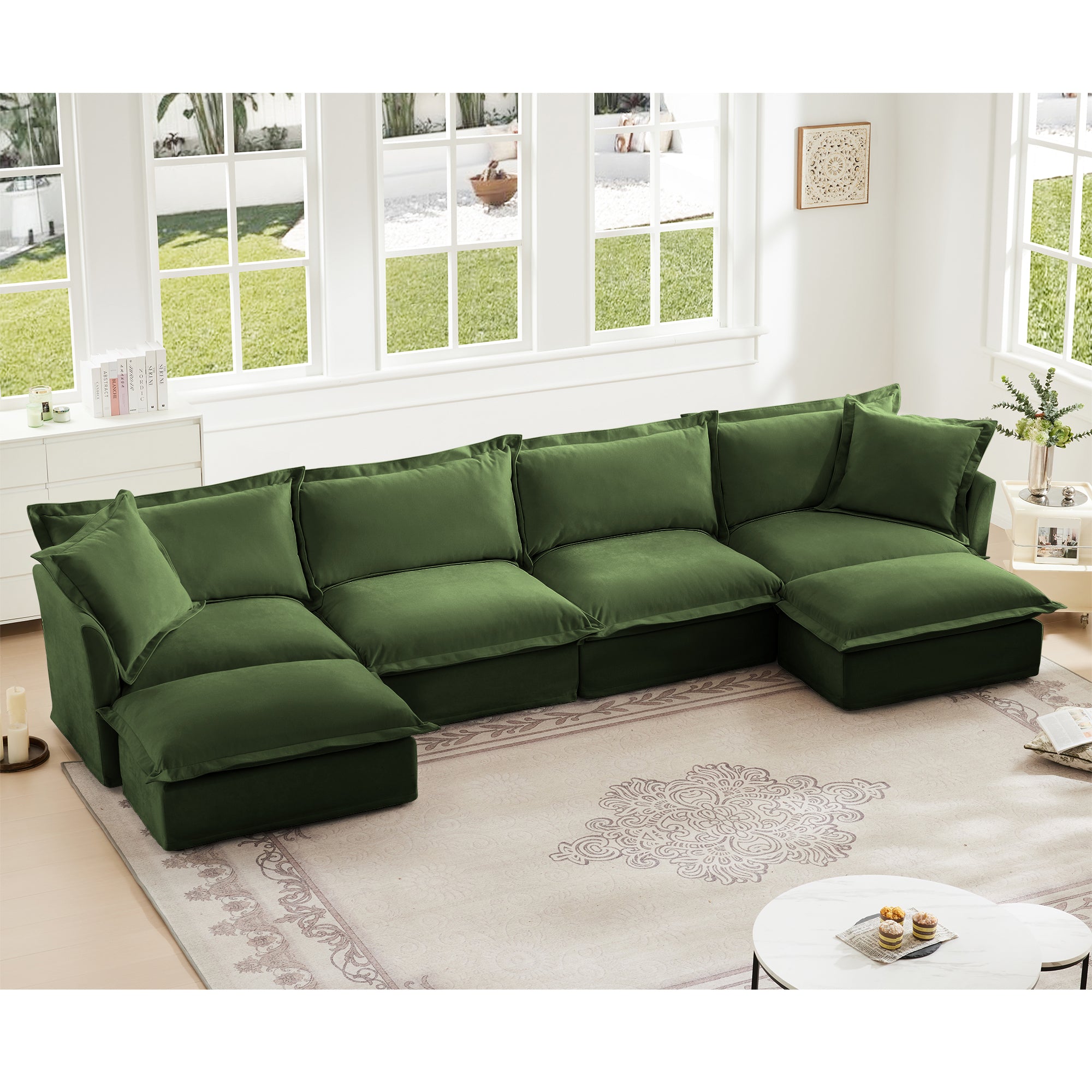 Green Chenille U-Shape Sectional Sofa with Deep Seats and French Edges