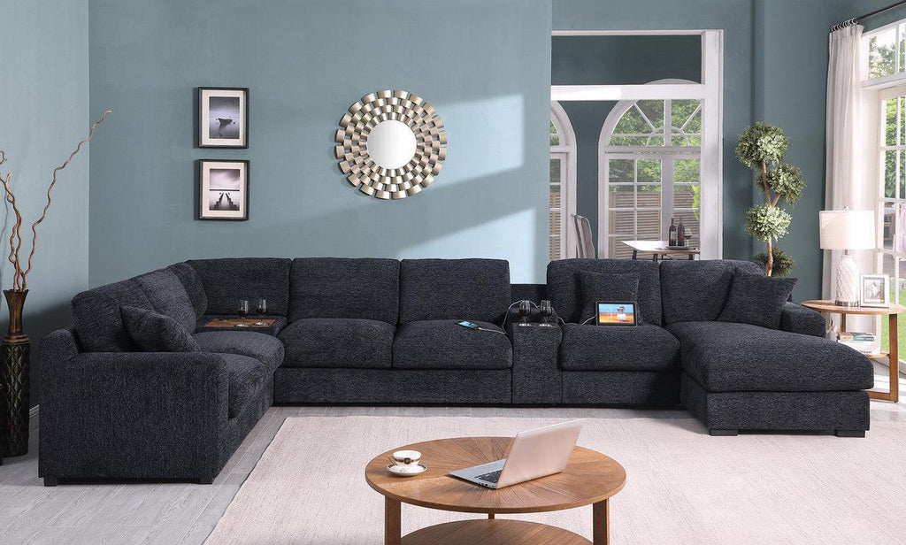 Chiara Dark Gray Sectional Sofa with Charging Ports.