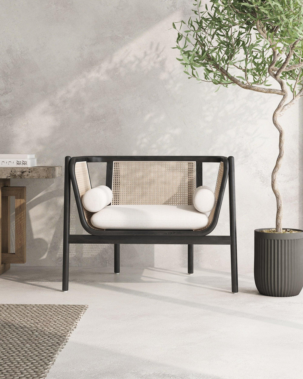 Versailles Cane Wood Accent Armchair in Cream.
