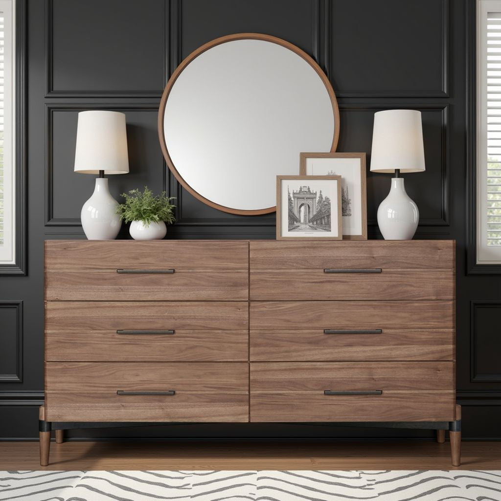 Tranquility 68-Inch Walnut Six Drawer Dresser with Metal X Base