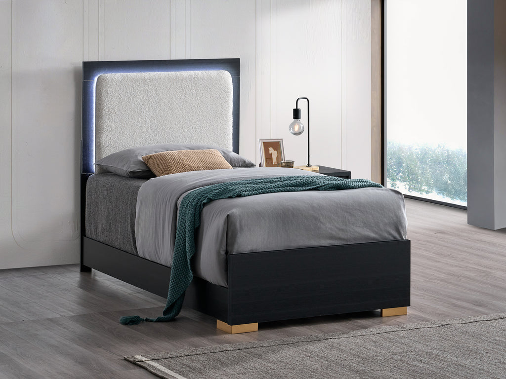 Modern Black Twin Panel Bed with Teddy Fabric LED Headboard