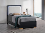 Modern Black Twin Panel Bed with Teddy Fabric LED Headboard